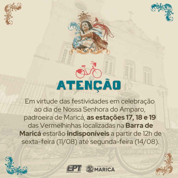 Bicicletas 'Vermelhinhas' ficam indisponíveis para retirada nas estações 17, 18 e 19 durante a programação da festa da padroeira de Maricá