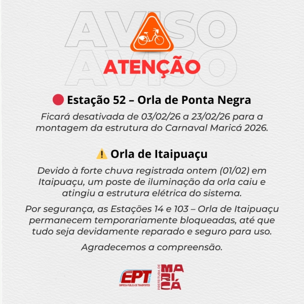 Aviso sobre funcionamento de estações de bicicletas em Ponta Negra e Itaipuaçu
