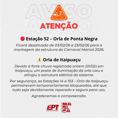 Aviso sobre funcionamento de estações de bicicletas em Ponta Negra e Itaipuaçu