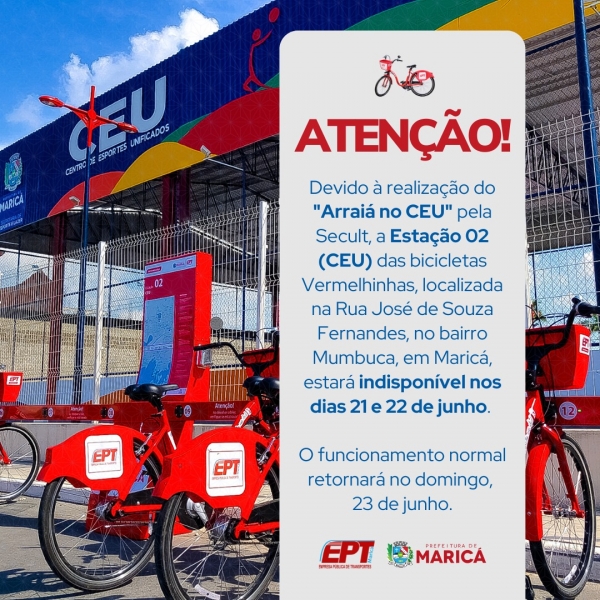 Indisponibilidade Temporária da Estação 02 das Bicicletas Vermelhinhas em Maricá